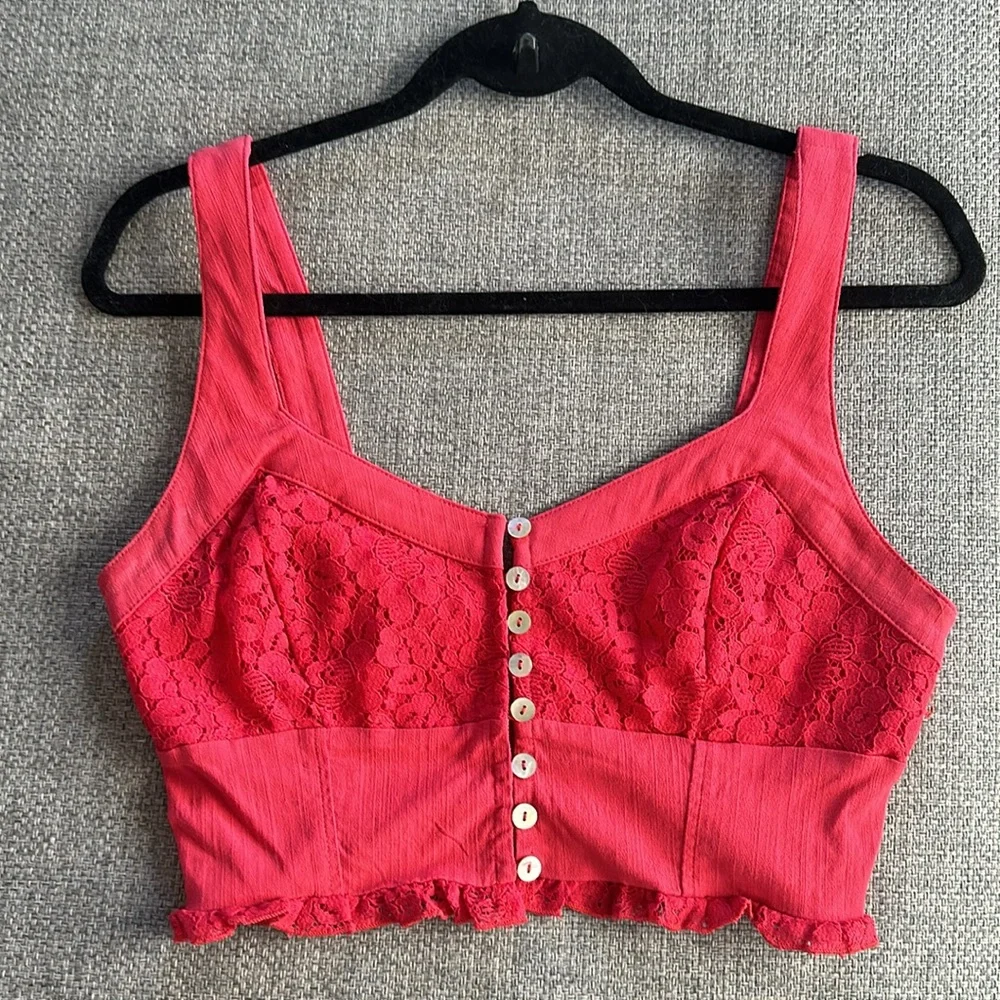 Free People Pink ButtonUp Lace Cropped Top
